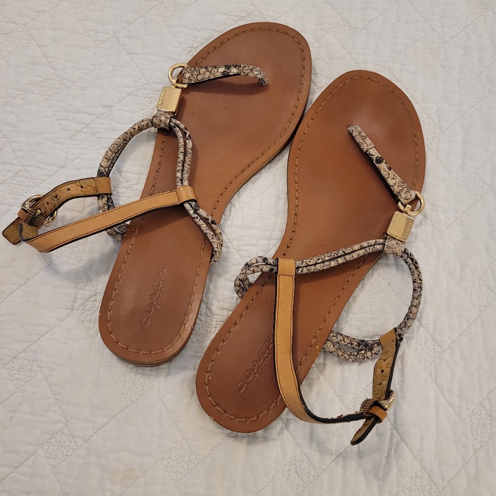 Coach "Charleen" goldtone and snakeskin thin-sole thong sandals size 8.5 B